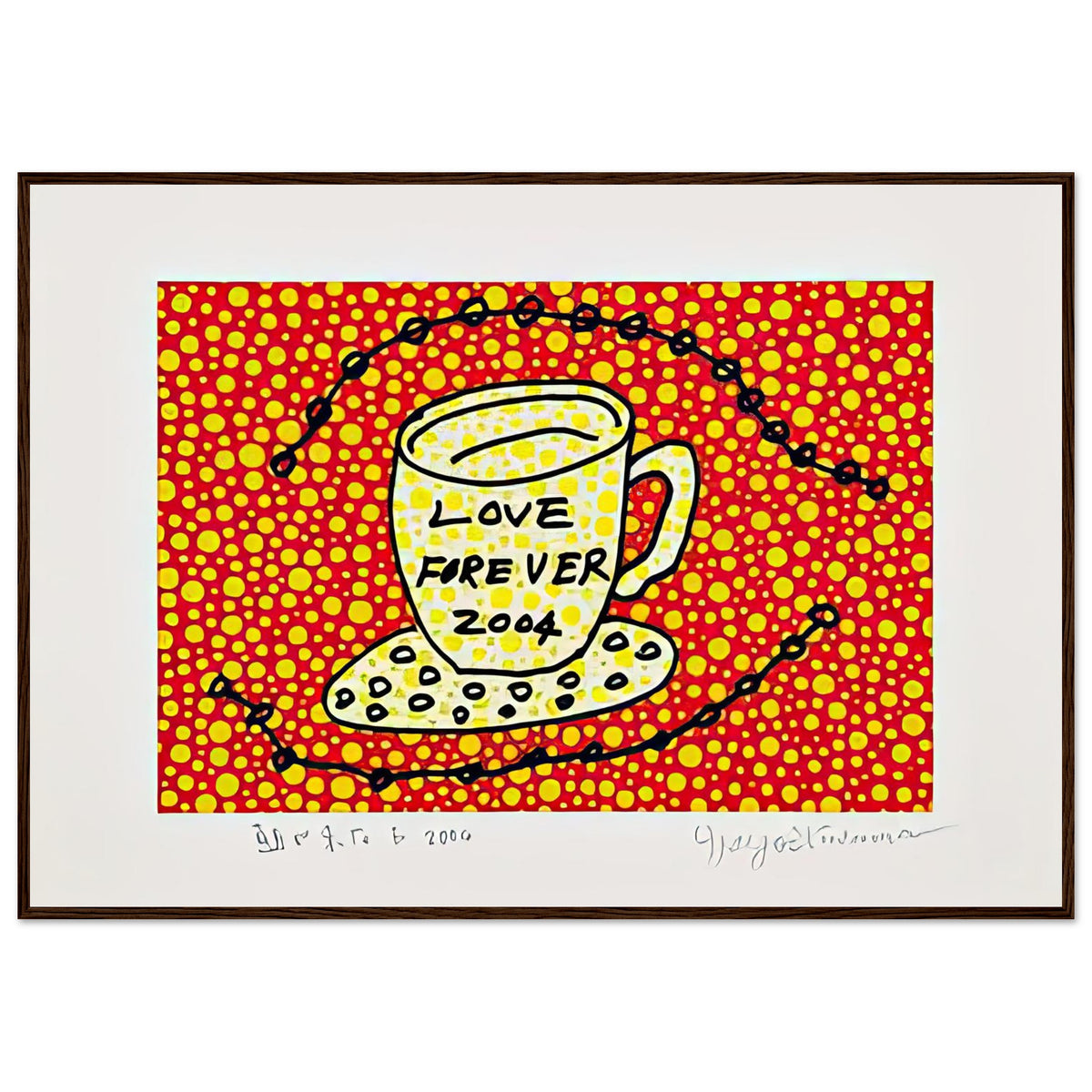 Yayoi Kusama framed print — Morning Is Here (E) joins a series of compact 2004 prints in which the beginning of the day becomes a subject for personal symbols and tightly controlled graphic, dark wood frame, 70x100 cm / 28x40″