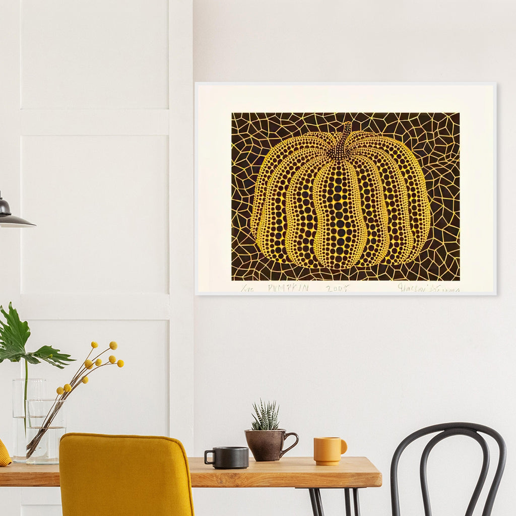 Yayoi Kusama framed print — Small Pumpkin focuses on a compact, approachable version of Kusama’s most familiar motif