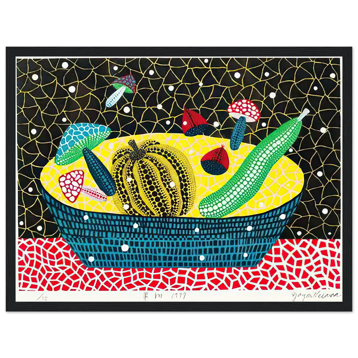 Yayoi Kusama framed print — Fruits (2) turns an arrangement of fruit into a deliberately ornamental still life, black frame, 30x40 cm / 12x16″