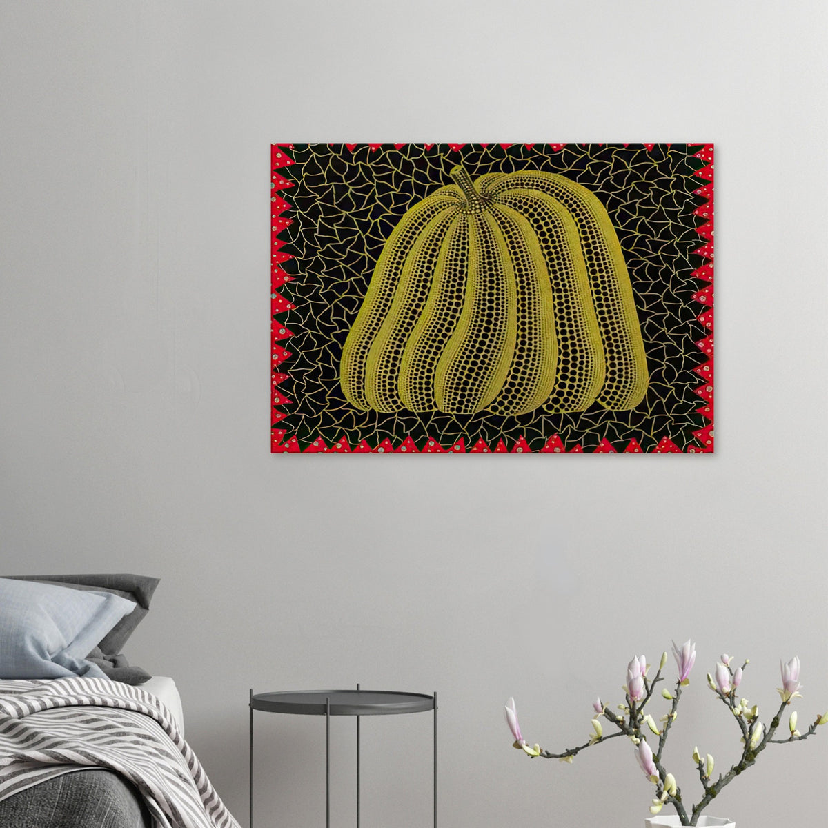 Yayoi Kusama canvas print — Citrouille I from Amour pour Toujours gives Kusama’s beloved pumpkin a celebratory role within a portfolio devoted to love