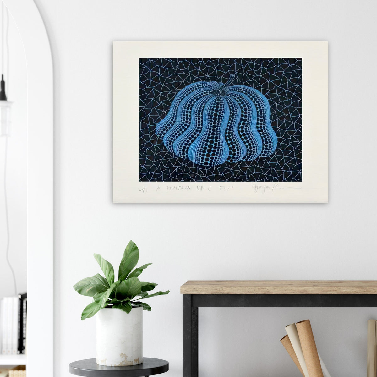 Yayoi Kusama poster — Pumpkin (BB-C) [Kusama 330] revisits Kusama’s best-known vegetable through the relationship between its distinctive form and repeating ornament