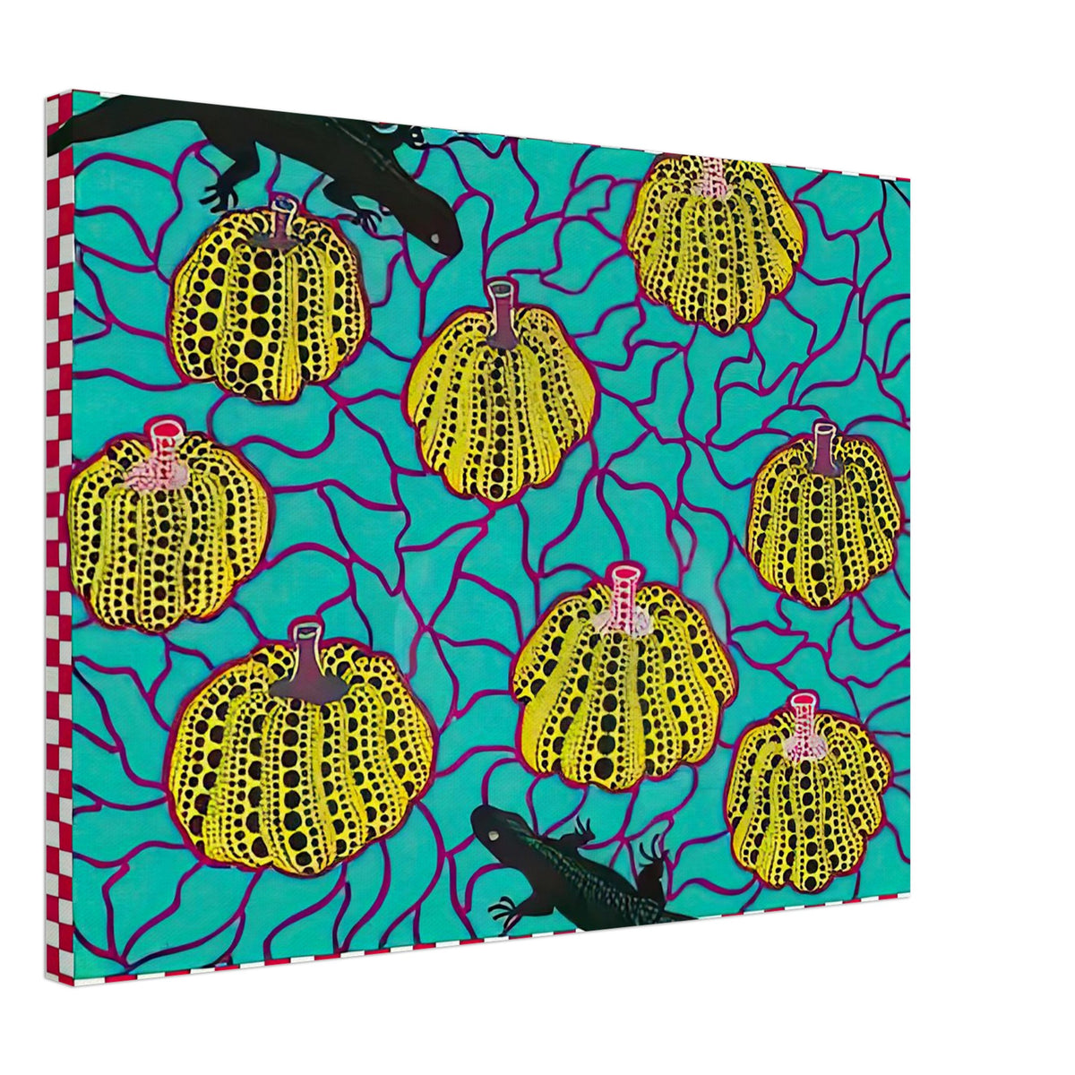 Yayoi Kusama canvas print — Black Lizards introduces a less familiar animal motif into Kusama’s vocabulary of living creatures and repeating patterns, 45x60 cm / 18x24″