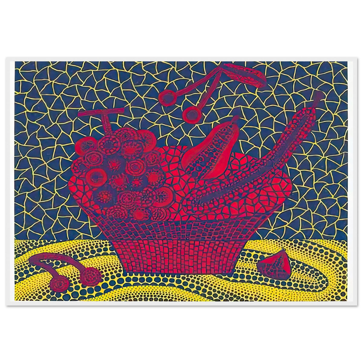 Yayoi Kusama framed print — Fruit Basket (5) by Yayoi Kusama explores one of the artist’s recurring subjects: the abundance of ordinary fruit, white frame, 70x100 cm / 28x40″
