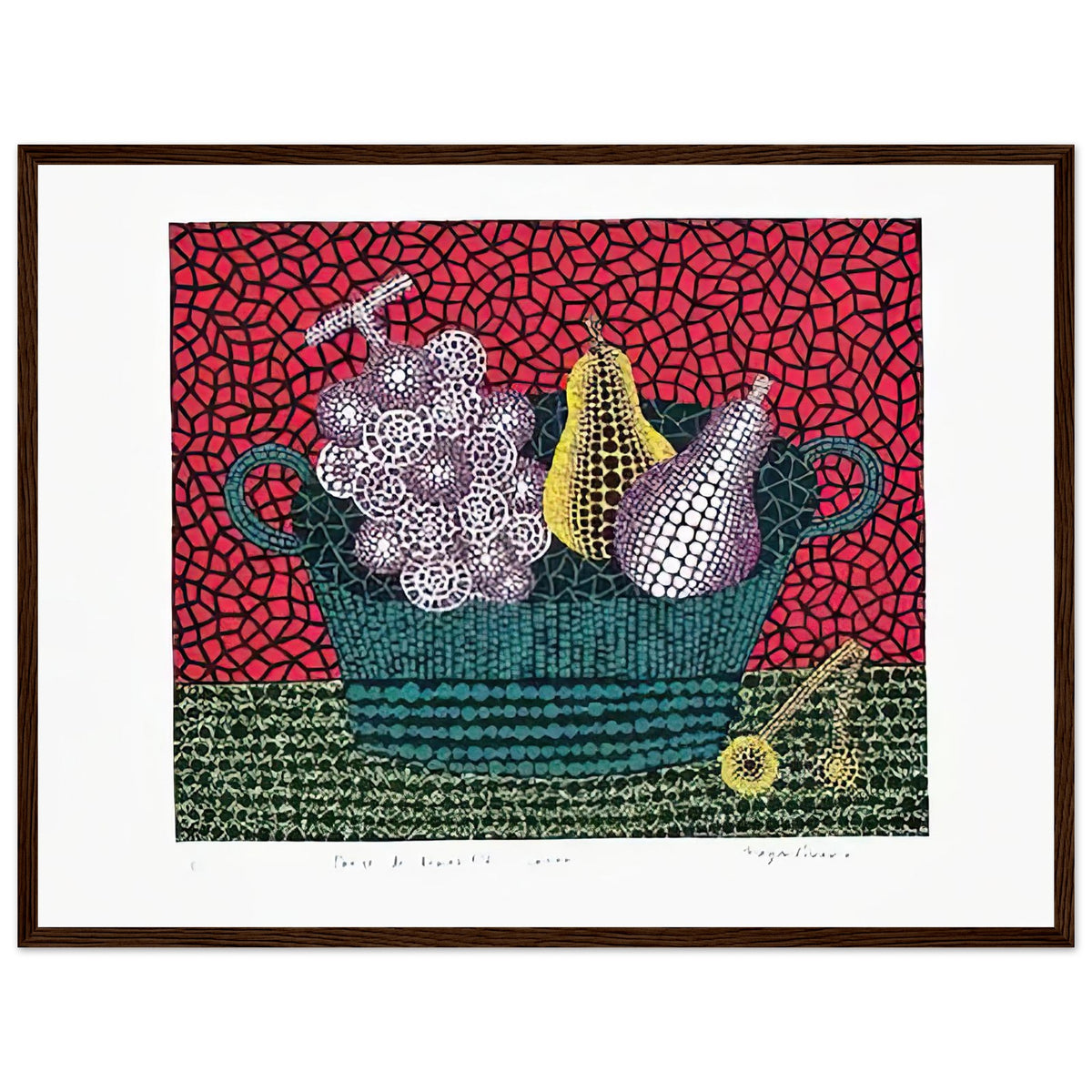 Yayoi Kusama framed print — Panier de Fruits I from Amour pour Toujours turns a basket of fruit into a lively decorative still life, dark wood frame, 45x60 cm / 18x24″