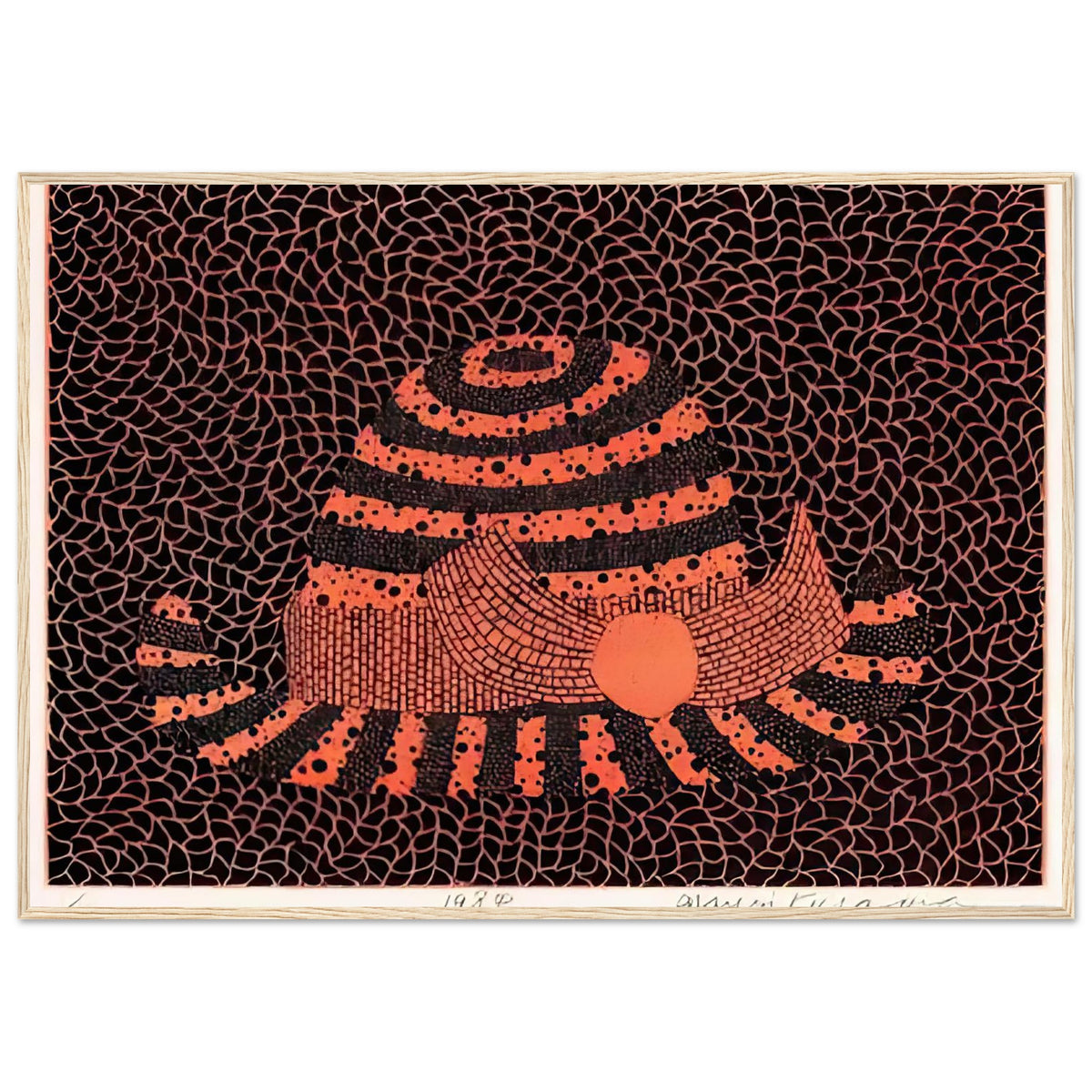 Yayoi Kusama framed print — Hat (2) turns an everyday hat into a subject for playful observation, wood frame, 70x100 cm / 28x40″