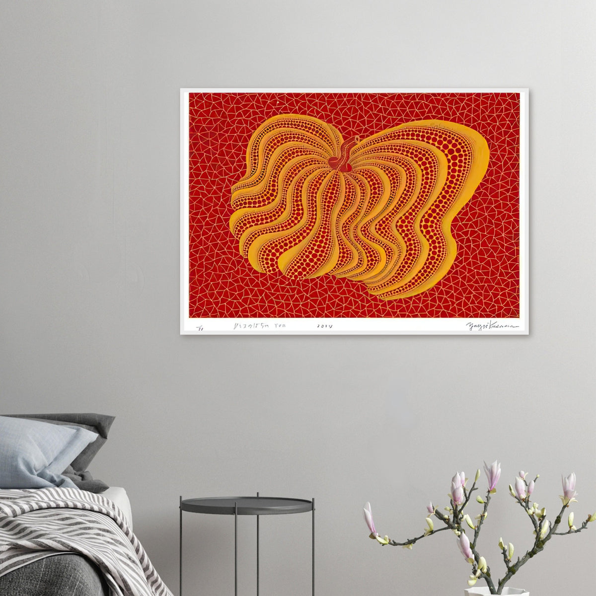 Yayoi Kusama framed print — Dancing Pumpkin (YOR) [Kusama 321] presents the gourd as a figure in motion