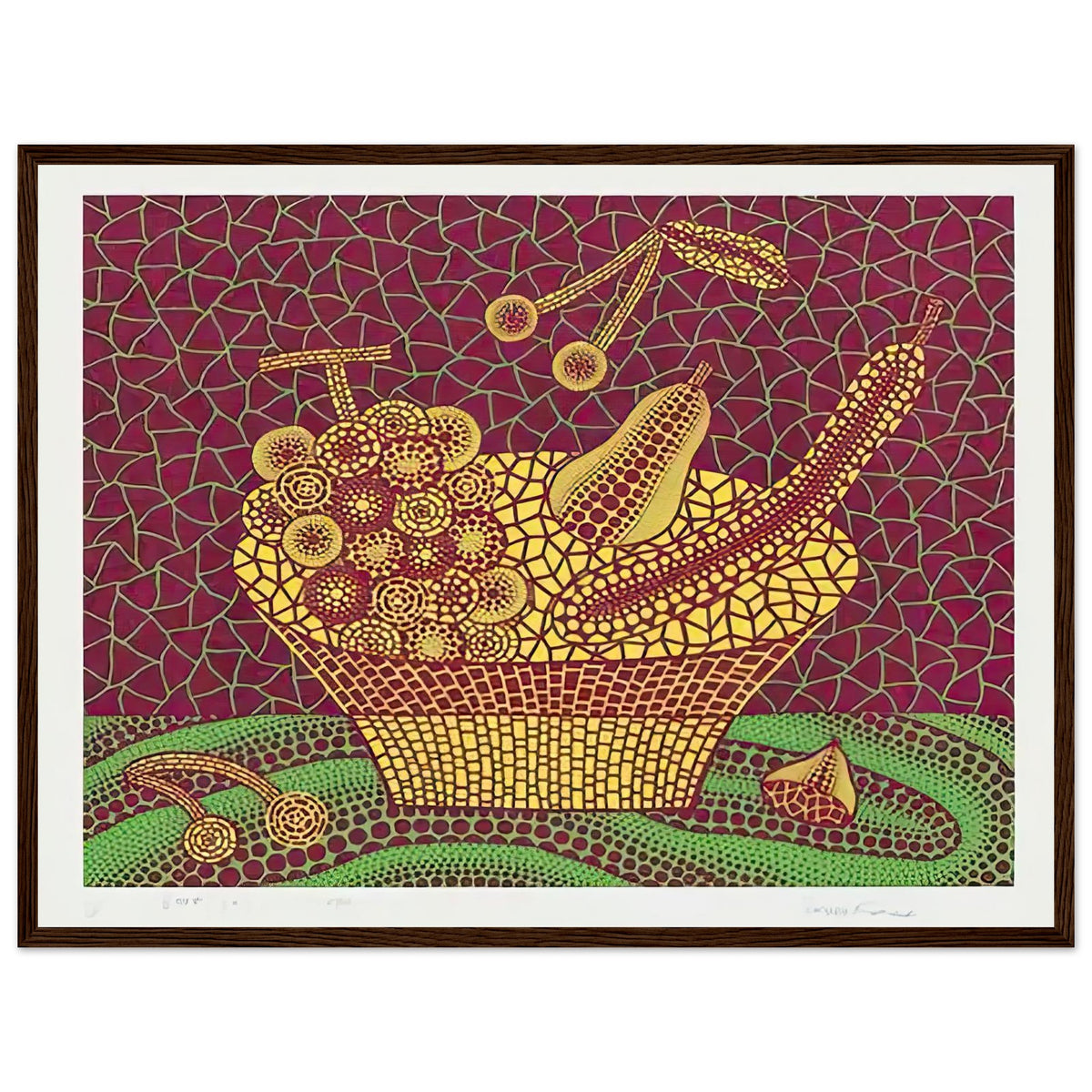 Yayoi Kusama framed print — Fruit Basket (3) by Yayoi Kusama explores one of the artist’s recurring subjects: the abundance of ordinary fruit, dark wood frame, 45x60 cm / 18x24″
