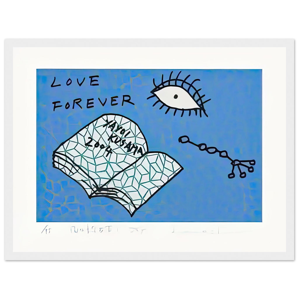 Yayoi Kusama framed print — Book to Read at Night D places an illustrated book at the center of a strange, poetic visual world, white frame, 30x40 cm / 12x16″