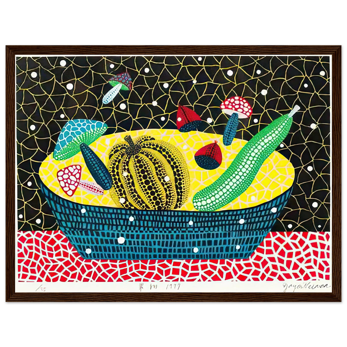Yayoi Kusama framed print — Fruits (2) turns an arrangement of fruit into a deliberately ornamental still life, dark wood frame, 30x40 cm / 12x16″