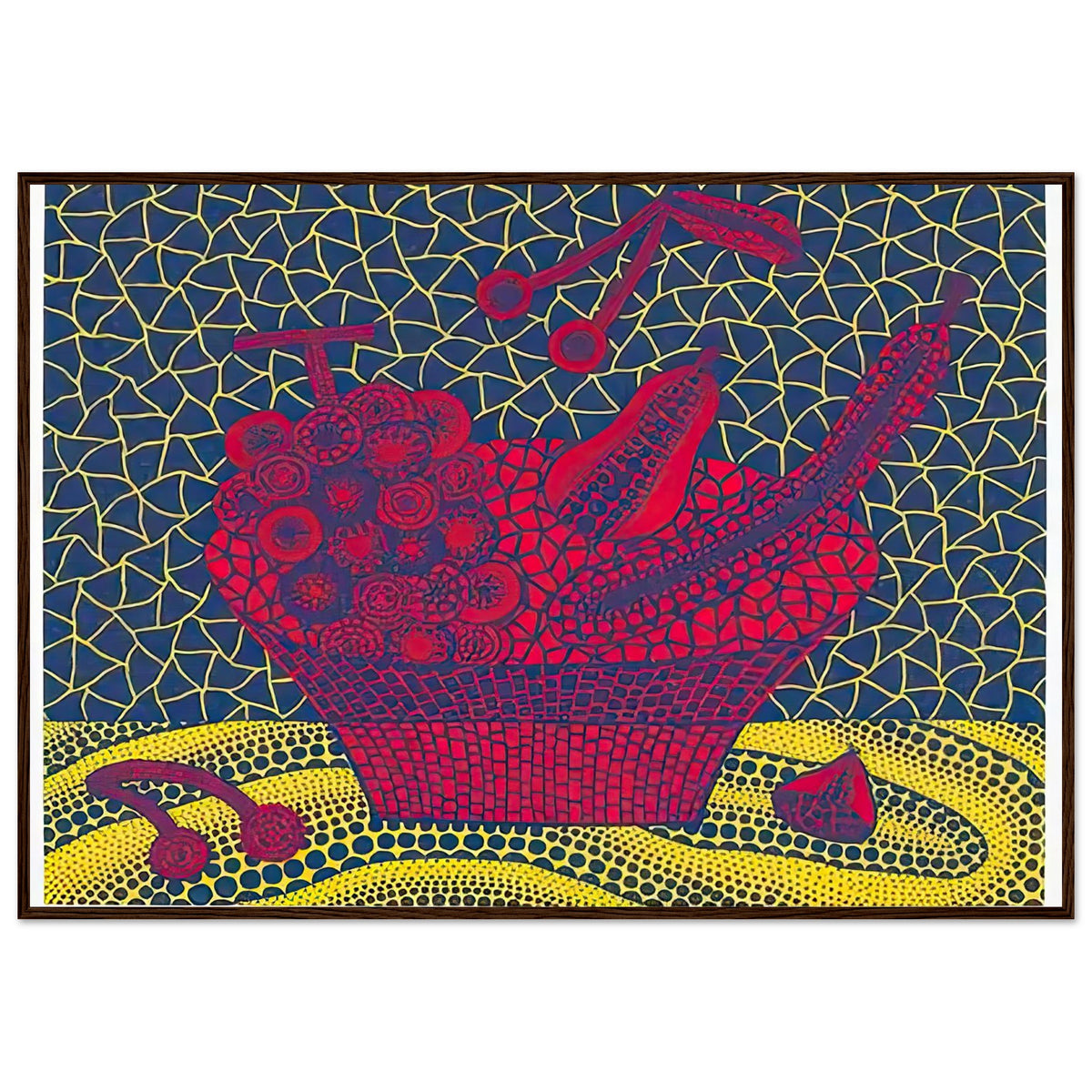 Yayoi Kusama framed print — Fruit Basket (5) by Yayoi Kusama explores one of the artist’s recurring subjects: the abundance of ordinary fruit, dark wood frame, 70x100 cm / 28x40″
