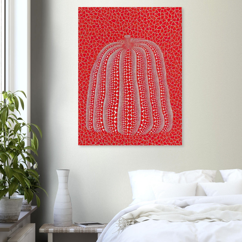 Yayoi Kusama poster — This red pumpkin image uses a familiar gourd as the foundation for an especially vivid statement