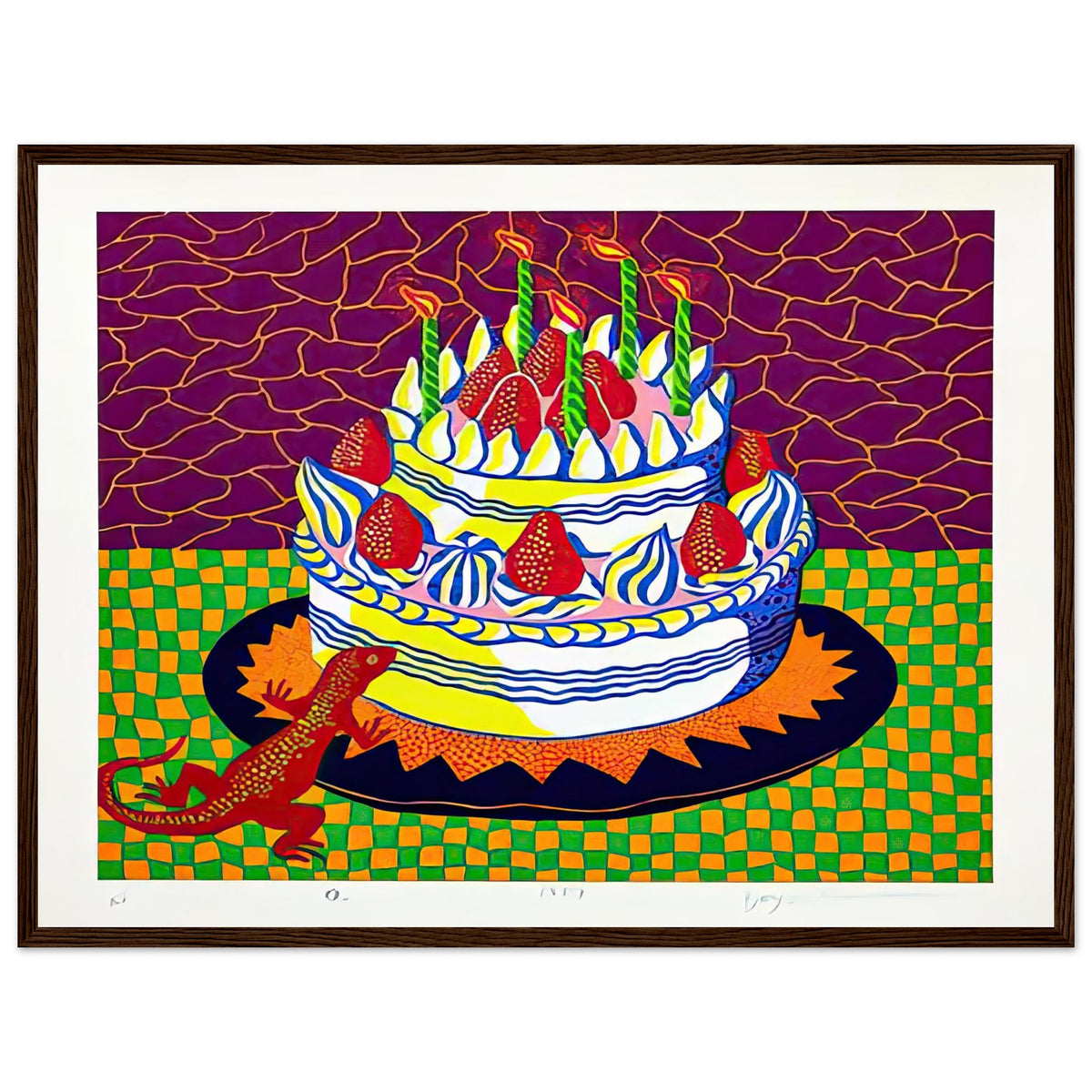 Yayoi Kusama framed print — Night introduces a quieter, open-ended atmosphere into a body of work often associated with highly charged repetition, dark wood frame, 45x60 cm / 18x24″