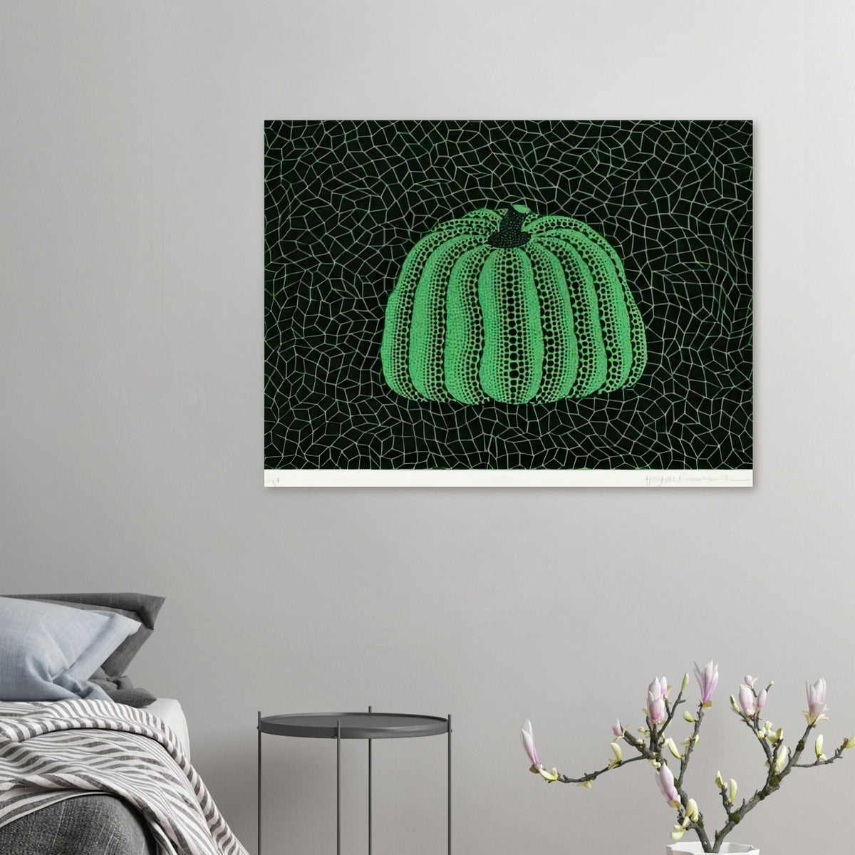 Yayoi Kusama poster — Pumpkin (Green, Version 2) presents Kusama’s familiar pumpkin through an explicitly green variation