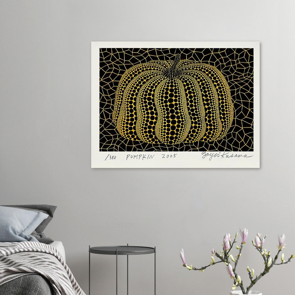 Yayoi Kusama poster — Pumpkin places the rounded gourd at the center of Kusama’s visual imagination, treating a humble vegetable as an individual character