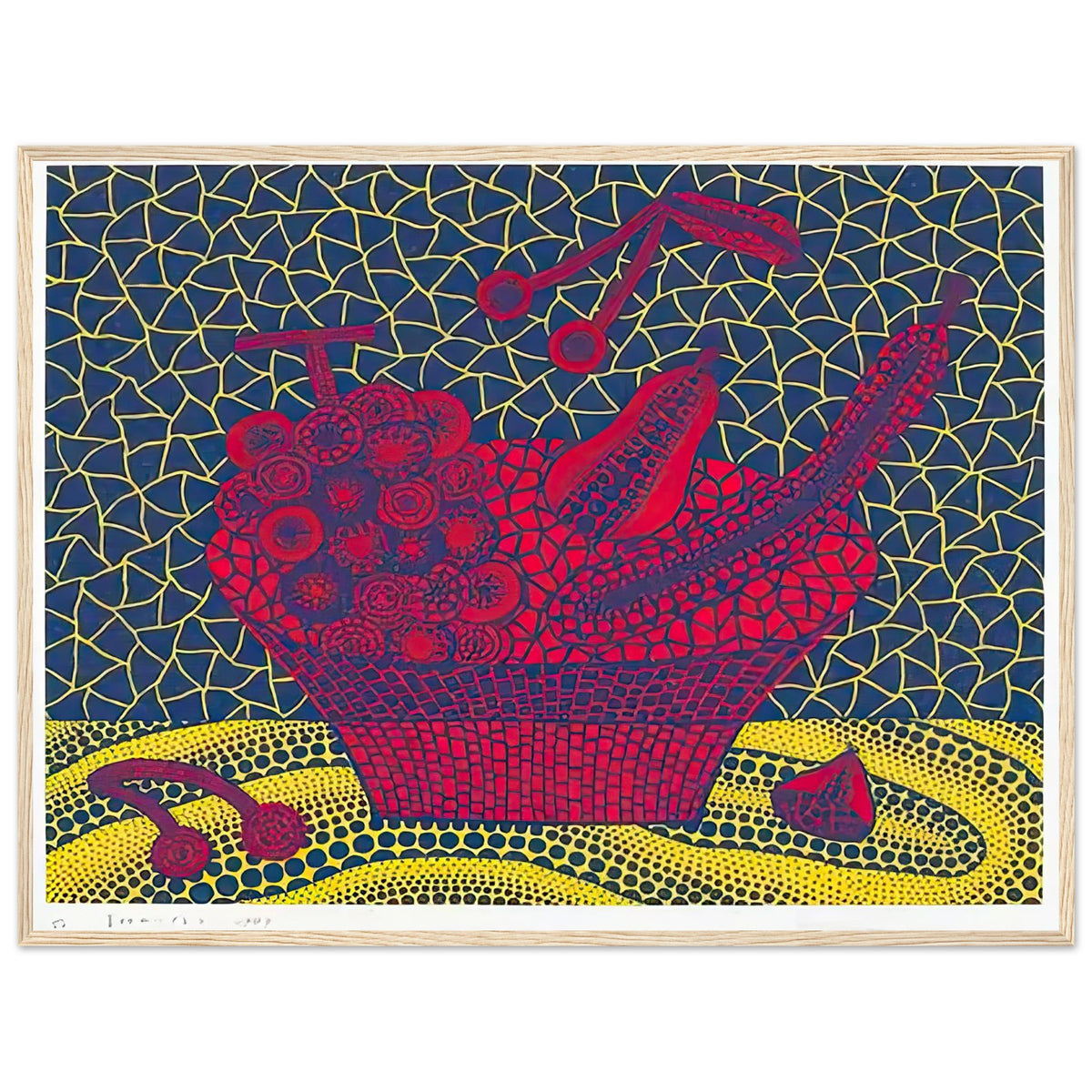 Yayoi Kusama framed print — Fruit Basket (5) by Yayoi Kusama explores one of the artist’s recurring subjects: the abundance of ordinary fruit, wood frame, 60x80 cm / 24x32″