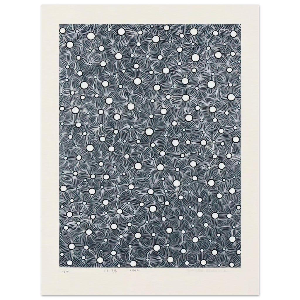 Yayoi Kusama poster — The title Meditation frames this artwork as an exercise in focused looking, 15x20 cm / 6x8″