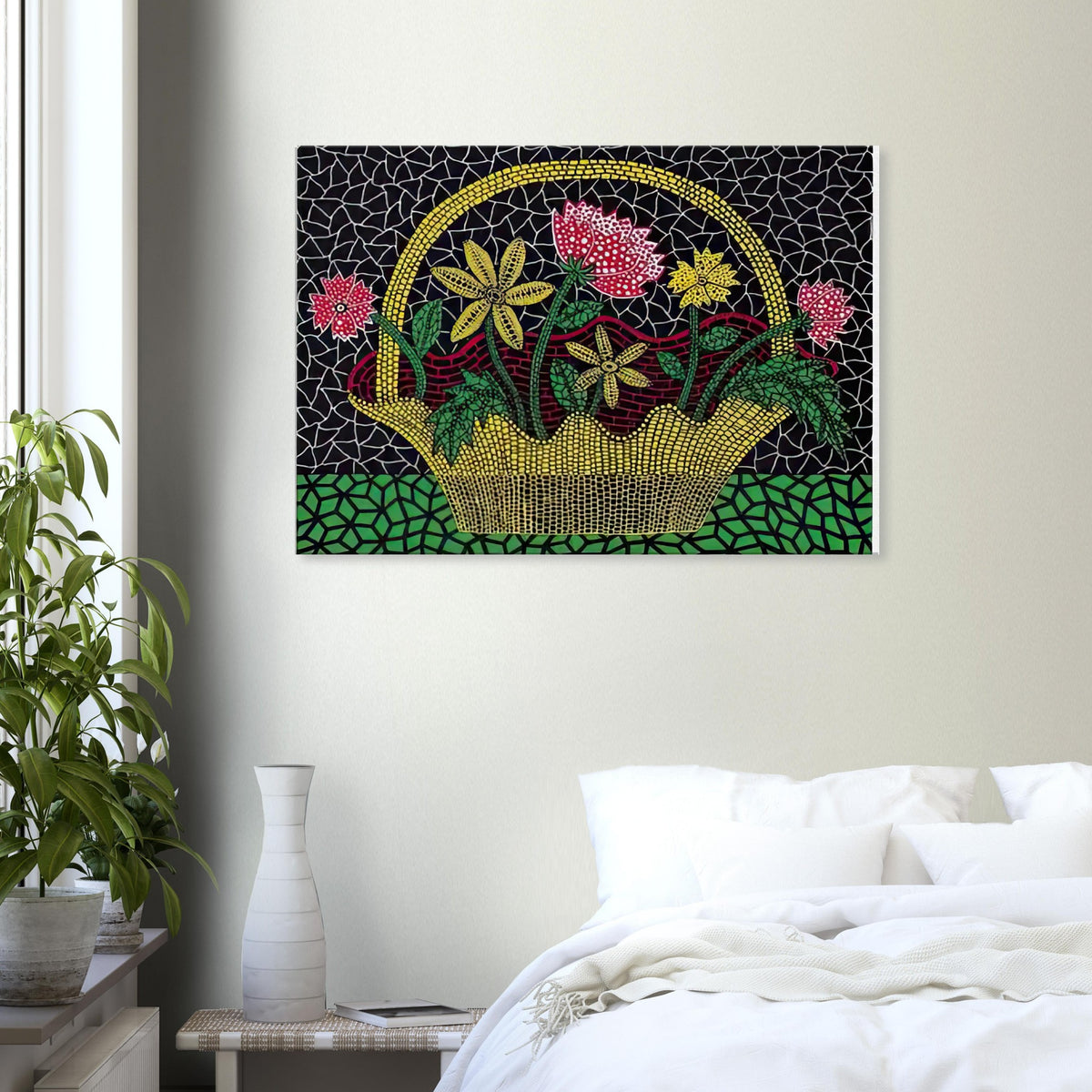 Yayoi Kusama canvas print — Flower Basket brings a traditional still-life arrangement into Kusama’s unmistakably decorative, pattern-driven world