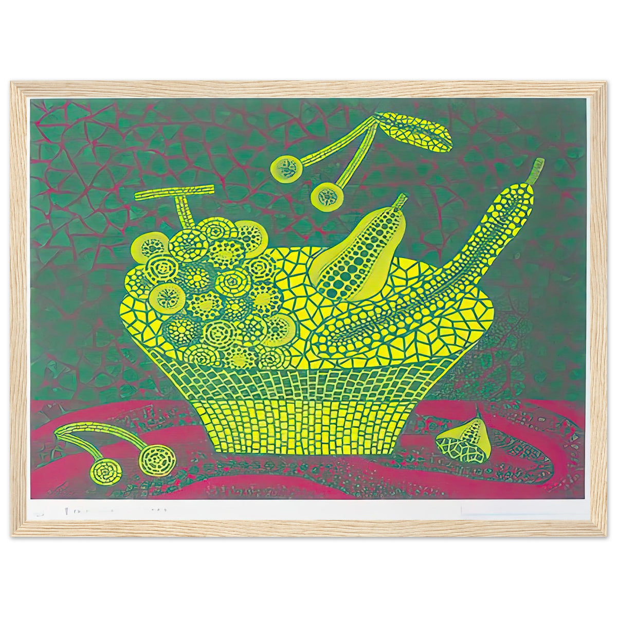 Yayoi Kusama framed print — Fruit Basket (4) by Yayoi Kusama explores one of the artist’s recurring subjects: the abundance of ordinary fruit, wood frame, 30x40 cm / 12x16″