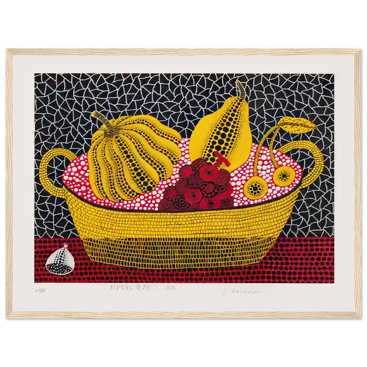 Yayoi Kusama framed print — Pumpkin and Fruits brings a dotted pumpkin into a richly populated still life rather than isolating the gourd on its own, wood frame, 45x60 cm / 18x24″