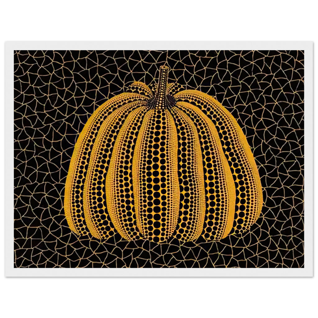 Yayoi Kusama framed print — Pumpkin (YY) [Kusama 231] revisits Kusama’s best-known vegetable through the relationship between its distinctive form and repeating ornament, white frame, 30x40 cm / 12x16″