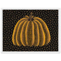 Yayoi Kusama framed print — Pumpkin (YY) [Kusama 231] revisits Kusama’s best-known vegetable through the relationship between its distinctive form and repeating ornament, white frame, 30x40 cm / 12x16″