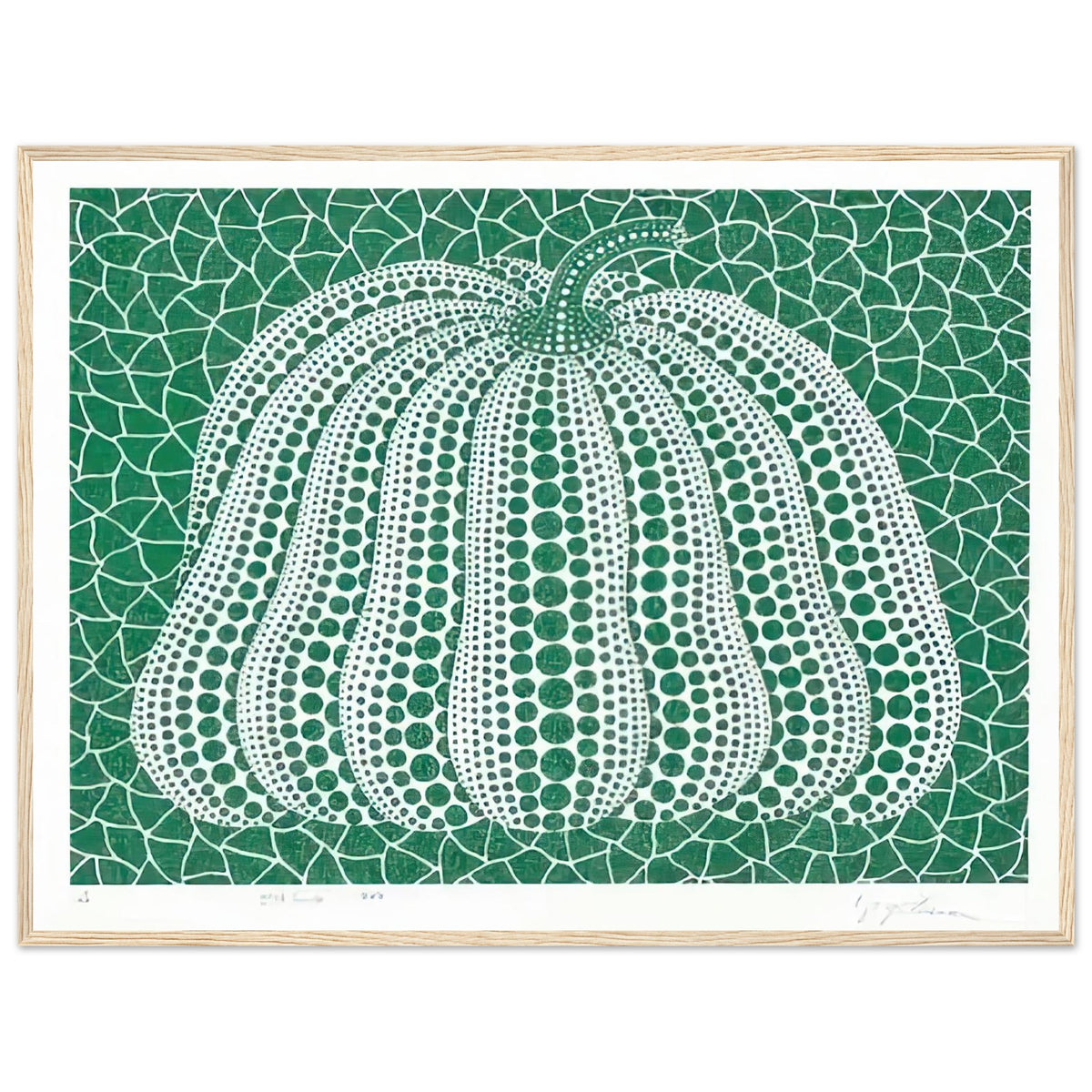 Yayoi Kusama framed print — Pumpkin Green presents Kusama’s familiar pumpkin through an explicitly green variation, wood frame, 60x80 cm / 24x32″