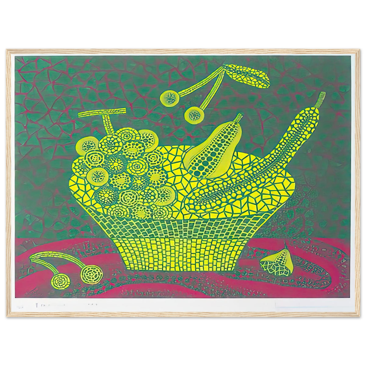 Yayoi Kusama framed print — Fruit Basket (4) by Yayoi Kusama explores one of the artist’s recurring subjects: the abundance of ordinary fruit, wood frame, 60x80 cm / 24x32″