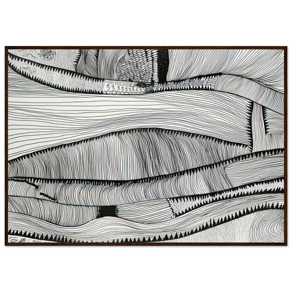 Yayoi Kusama framed print — Waves at Daybreak depicts the sea through the evocative meeting of moving water and the first light of morning, dark wood frame, 70x100 cm / 28x40″