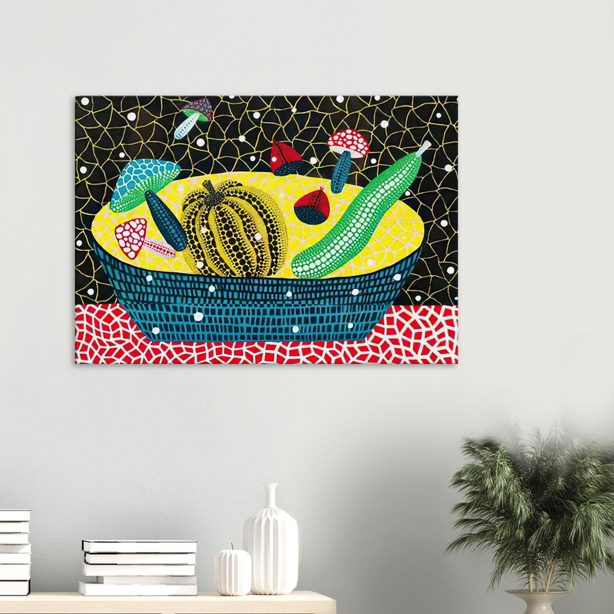 Yayoi Kusama canvas print — Fruits (2) turns an arrangement of fruit into a deliberately ornamental still life