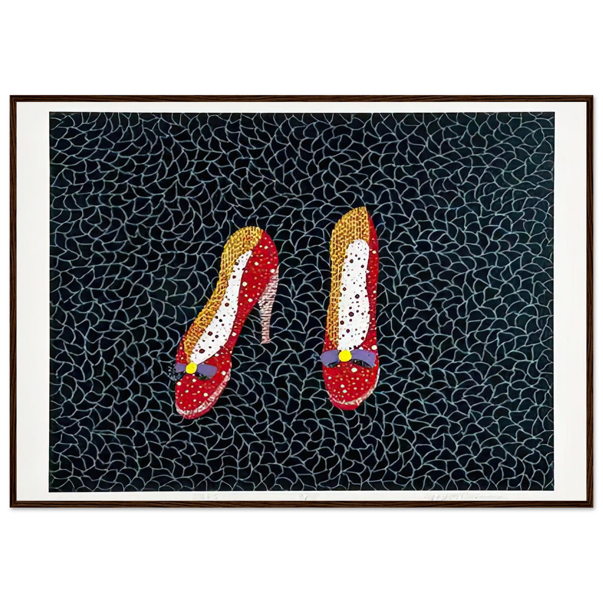 Yayoi Kusama framed print — Shoes (2) turns a footwear object into an image about shape, balance and individuality, dark wood frame, 70x100 cm / 28x40″