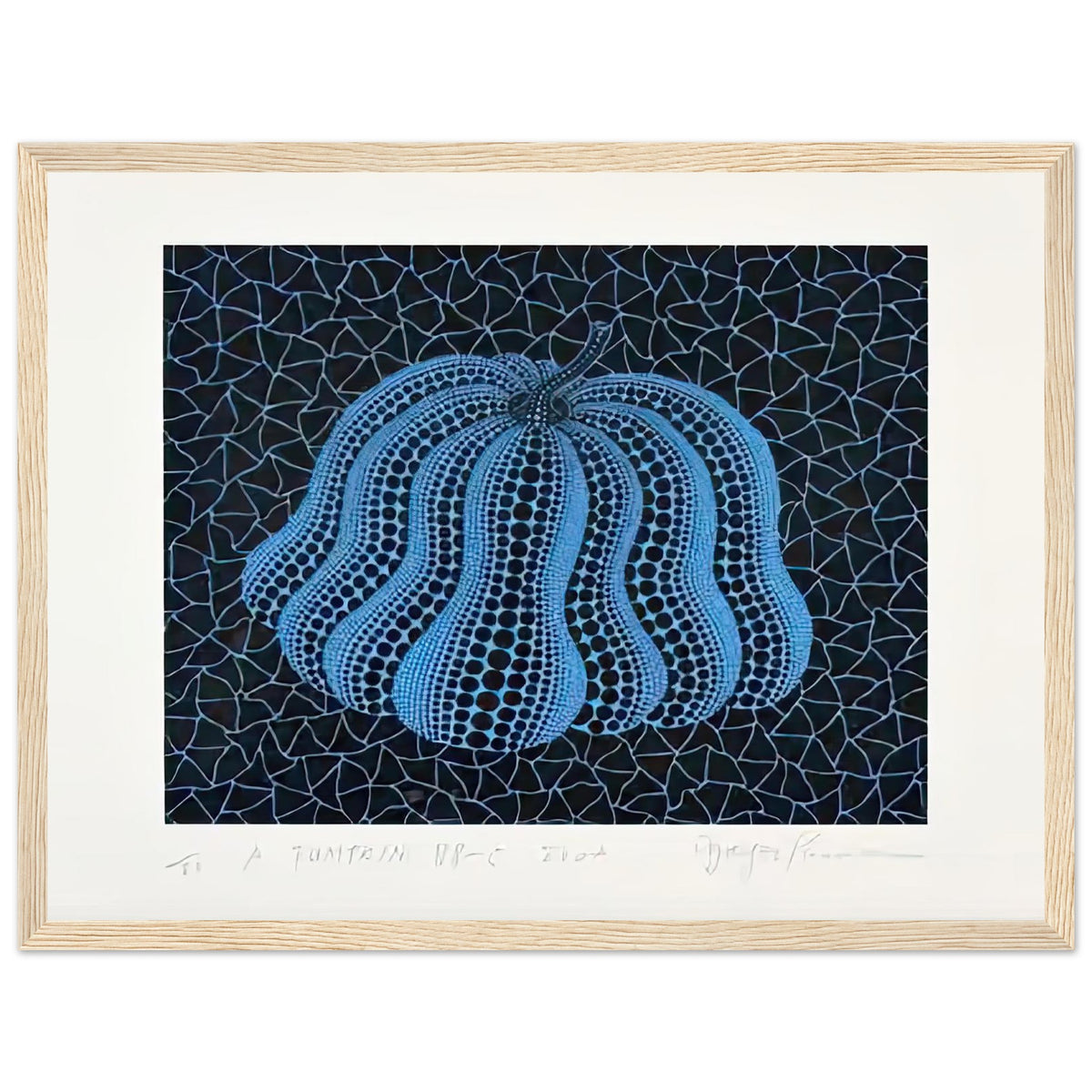 Yayoi Kusama framed print — Pumpkin (BB-C) [Kusama 330] revisits Kusama’s best-known vegetable through the relationship between its distinctive form and repeating ornament, wood frame, 30x40 cm / 12x16″