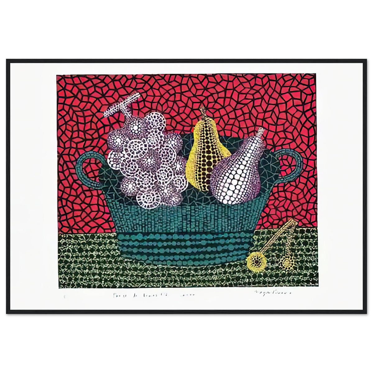 Yayoi Kusama framed print — Panier de Fruits I from Amour pour Toujours turns a basket of fruit into a lively decorative still life, black frame, 70x100 cm / 28x40″