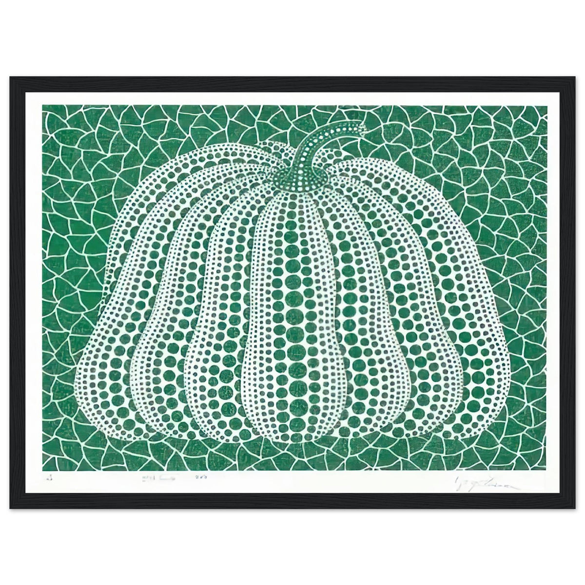 Yayoi Kusama framed print — Pumpkin Green presents Kusama’s familiar pumpkin through an explicitly green variation, black frame, 30x40 cm / 12x16″