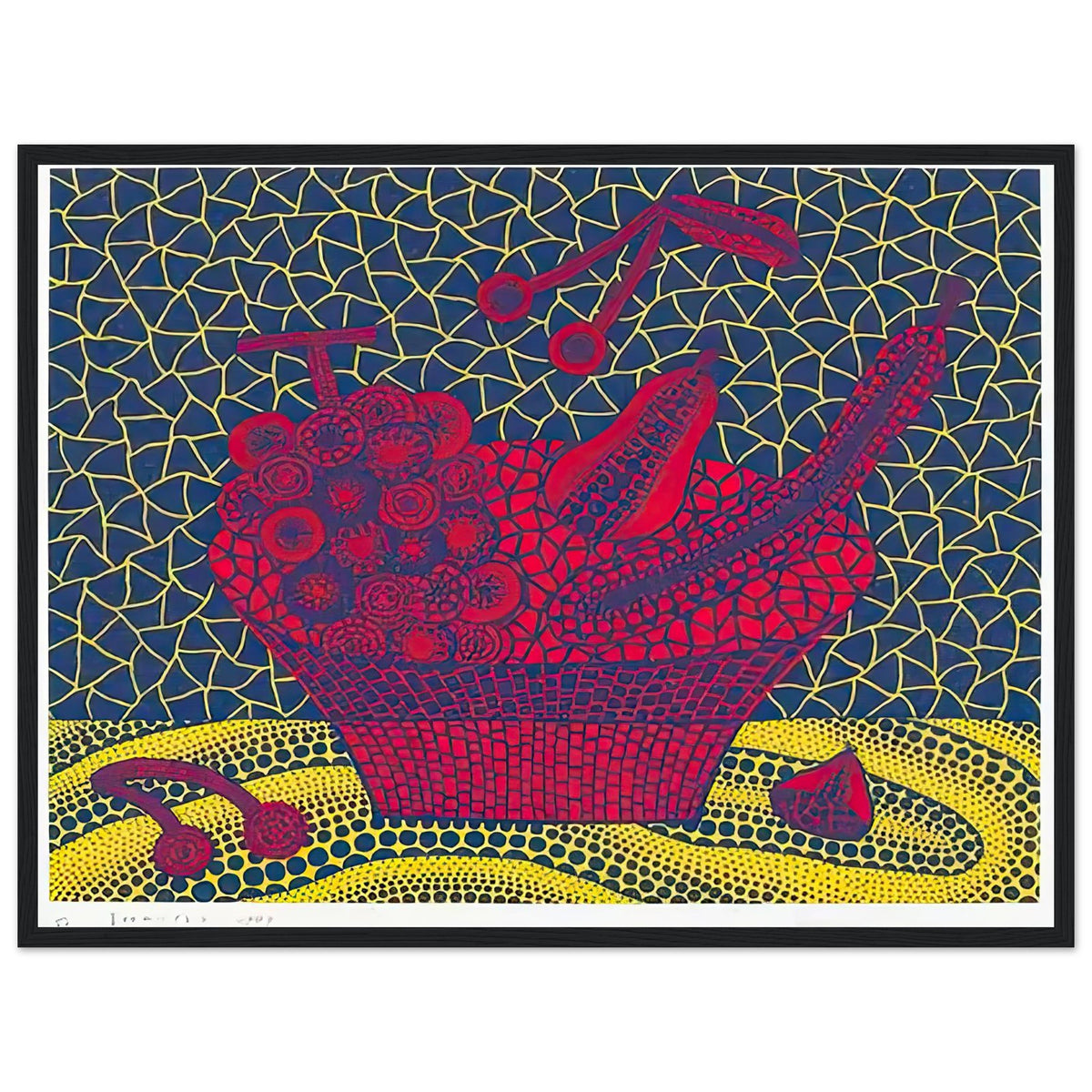 Yayoi Kusama framed print — Fruit Basket (5) by Yayoi Kusama explores one of the artist’s recurring subjects: the abundance of ordinary fruit, black frame, 45x60 cm / 18x24″