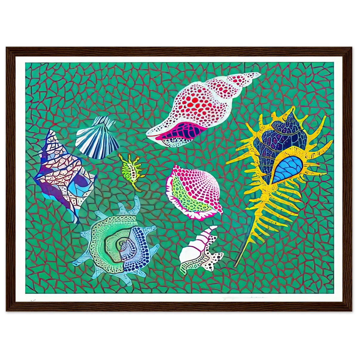Yayoi Kusama framed print — Shells draws attention to small natural objects whose curved structures and repeating ridges are already pattern-like, dark wood frame, 30x40 cm / 12x16″