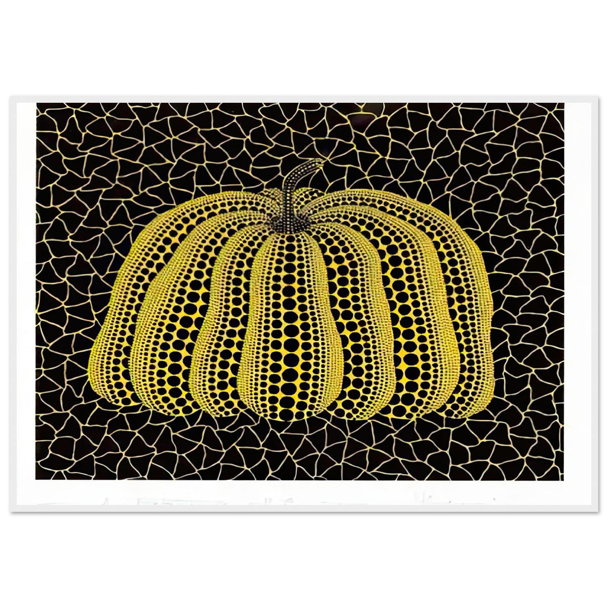 Yayoi Kusama framed print — Pumpkin (YB-B) [Kusama 327] revisits Kusama’s best-known vegetable through the relationship between its distinctive form and repeating ornament, white frame, 70x100 cm / 28x40″