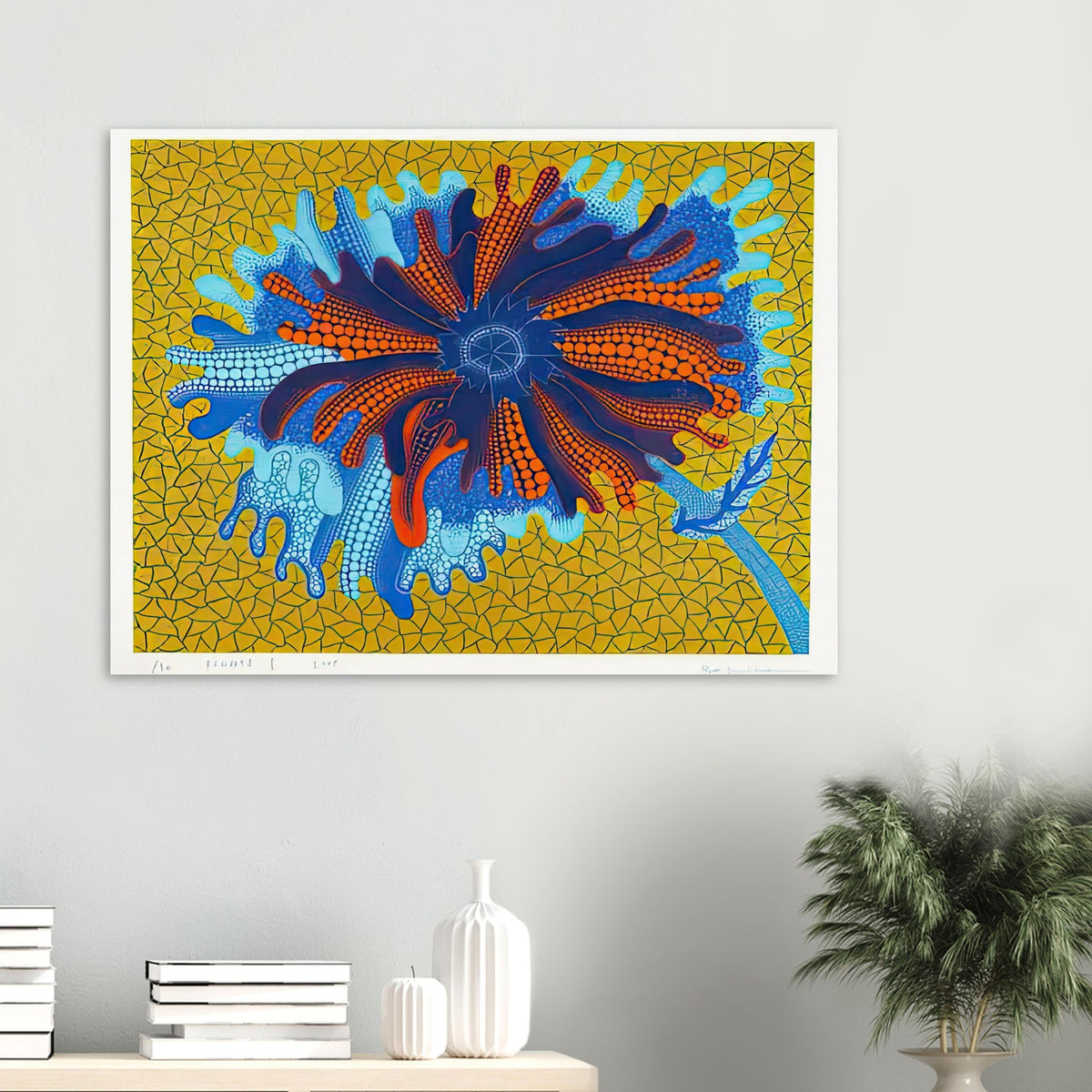 Yayoi Kusama poster — Flower (B) treats a single flowering motif as a complete visual world