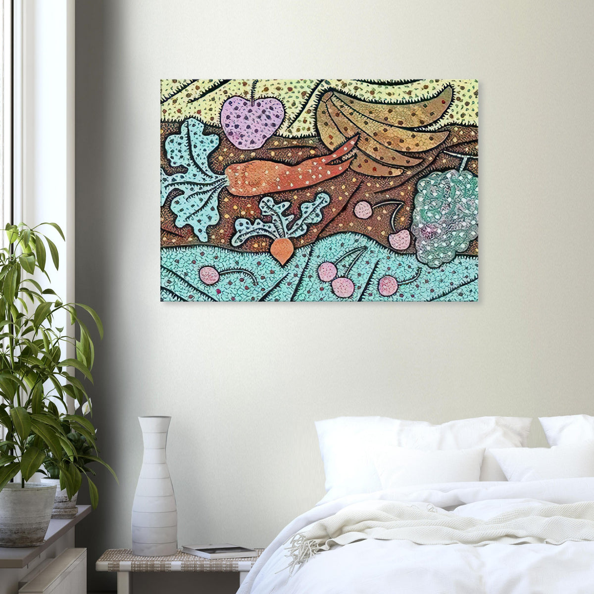 Yayoi Kusama canvas print — Standing in the Visionary Field belongs to Kusama’s important early printmaking period and combines an imaginative landscape with the visual idea of proliferation