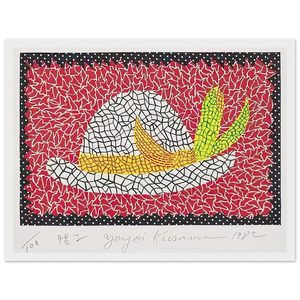 Yayoi Kusama framed print — Hat (4) turns an everyday hat into a subject for playful observation, white frame, 30x40 cm / 12x16″