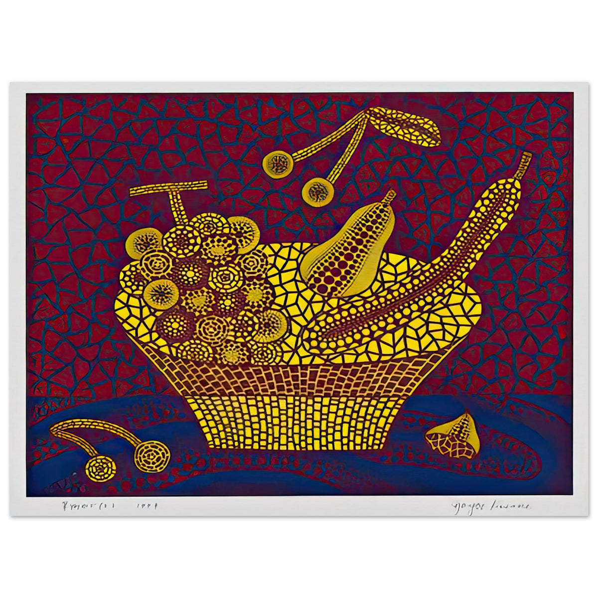 Yayoi Kusama poster — Fruit Basket (2) by Yayoi Kusama explores one of the artist’s recurring subjects: the abundance of ordinary fruit, 60x80 cm / 24x32″