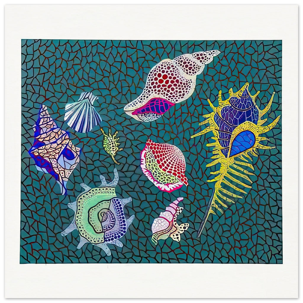 Yayoi Kusama poster — Shellfish poster by Yayoi Kusama explores shellfish forms as an intimate marine still-life subject, 30x30 cm / 12x12″