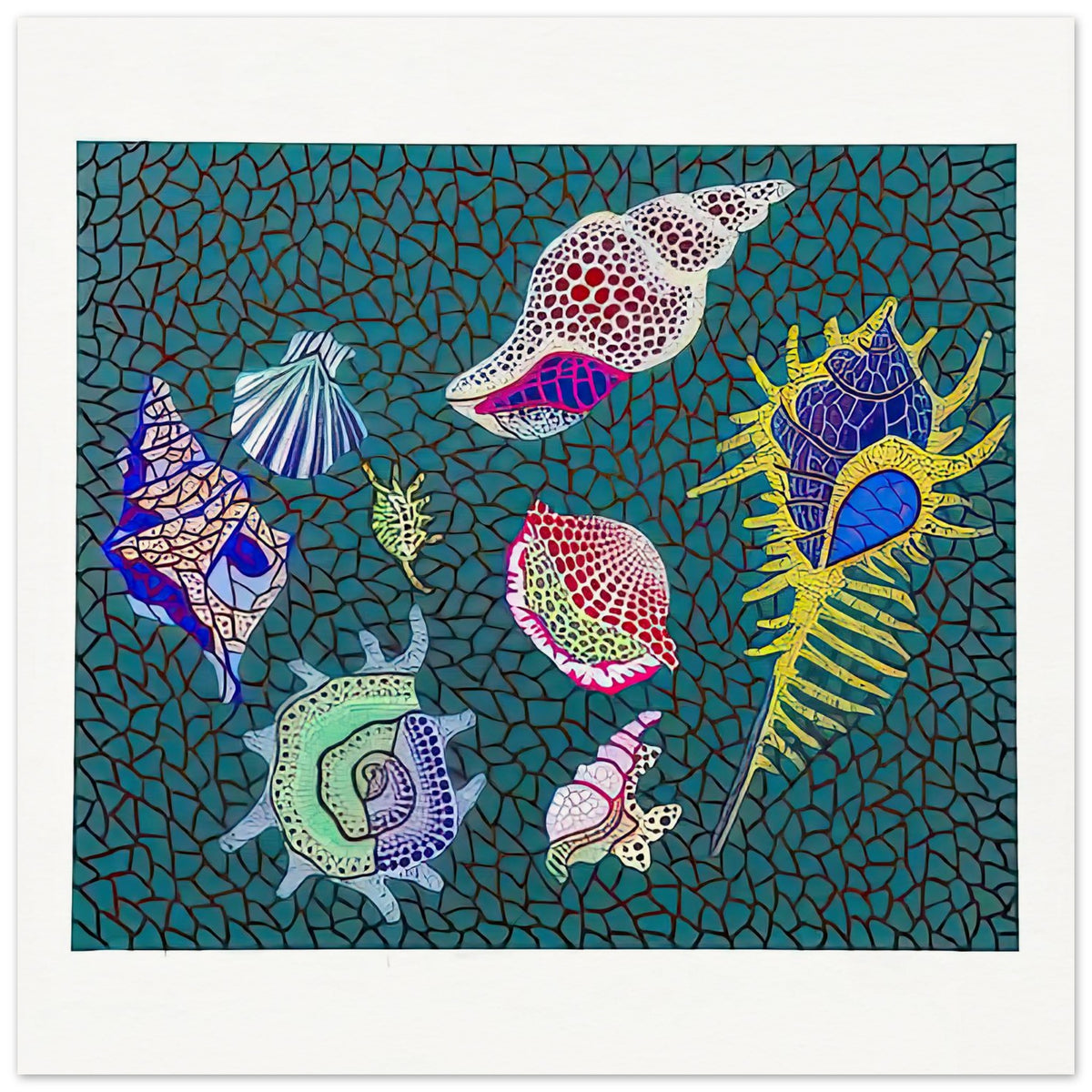 Yayoi Kusama poster — Shellfish poster by Yayoi Kusama explores shellfish forms as an intimate marine still-life subject, 30x30 cm / 12x12″