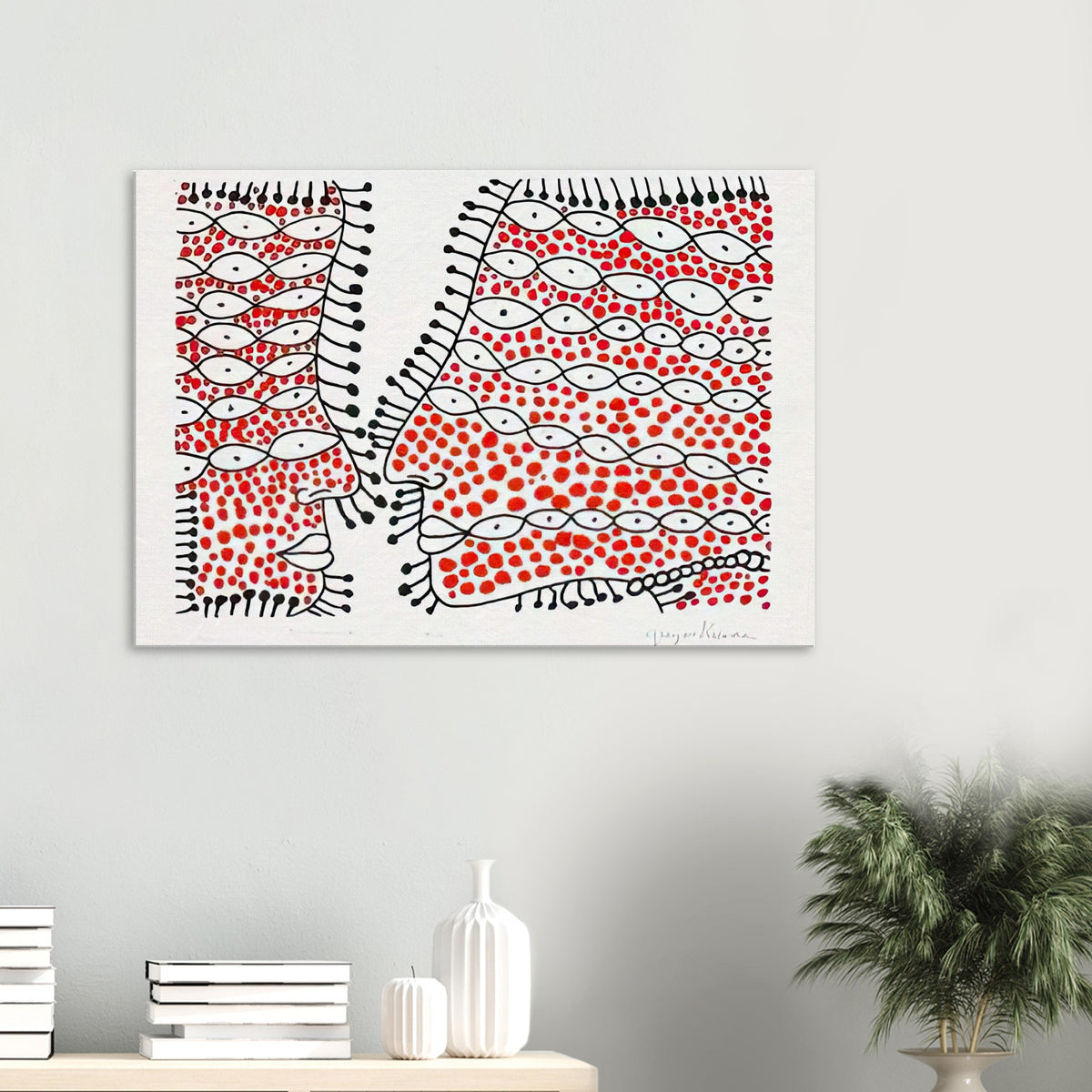 Yayoi Kusama canvas print — Beginning of Love suggests an intimate emotional moment expressed through Kusama’s recurring language of patterns and simple forms