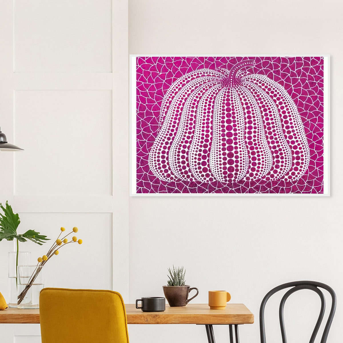 Yayoi Kusama framed print of Pumpkin Purple — pumpkin Purple presents Kusama’s familiar pumpkin through an explicitly purple variation. The simple vegetable becomes a character-like artistic presence when its rounded form is combined with repeated marks