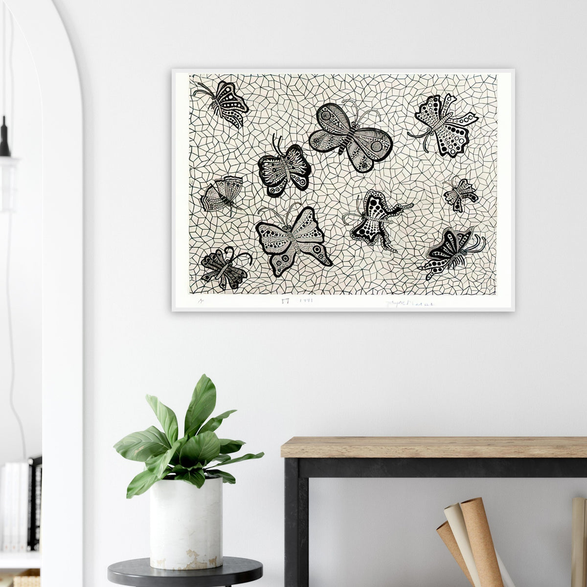 Yayoi Kusama framed print — Butterflies draws on the delicate symmetry and movement of a familiar insect, a recurring subject in Kusama’s printmaking
