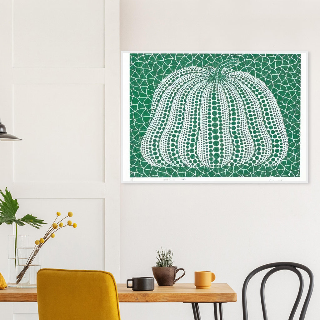 Yayoi Kusama framed print — Pumpkin Green presents Kusama’s familiar pumpkin through an explicitly green variation