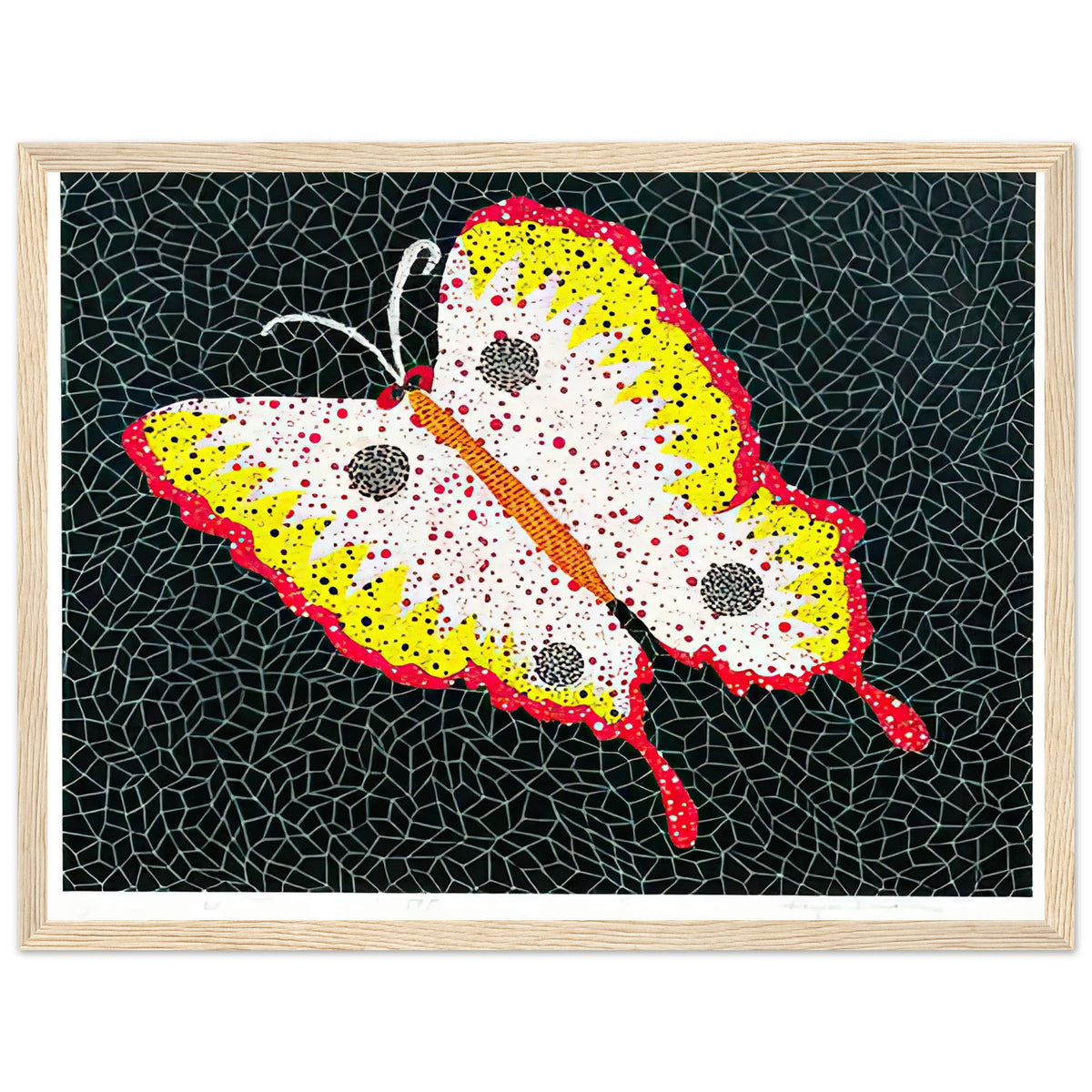 Yayoi Kusama framed print — Butterfly [Kusama 81] by Yayoi Kusama takes the lightness of a butterfly and gives it graphic intensity through pattern, wood frame, 30x40 cm / 12x16″