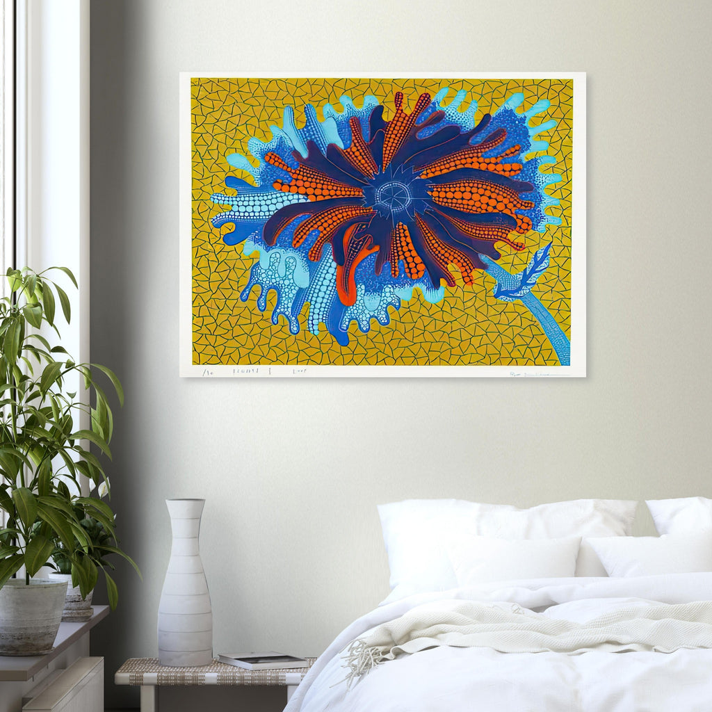 Yayoi Kusama poster — Flower (B) treats a single flowering motif as a complete visual world