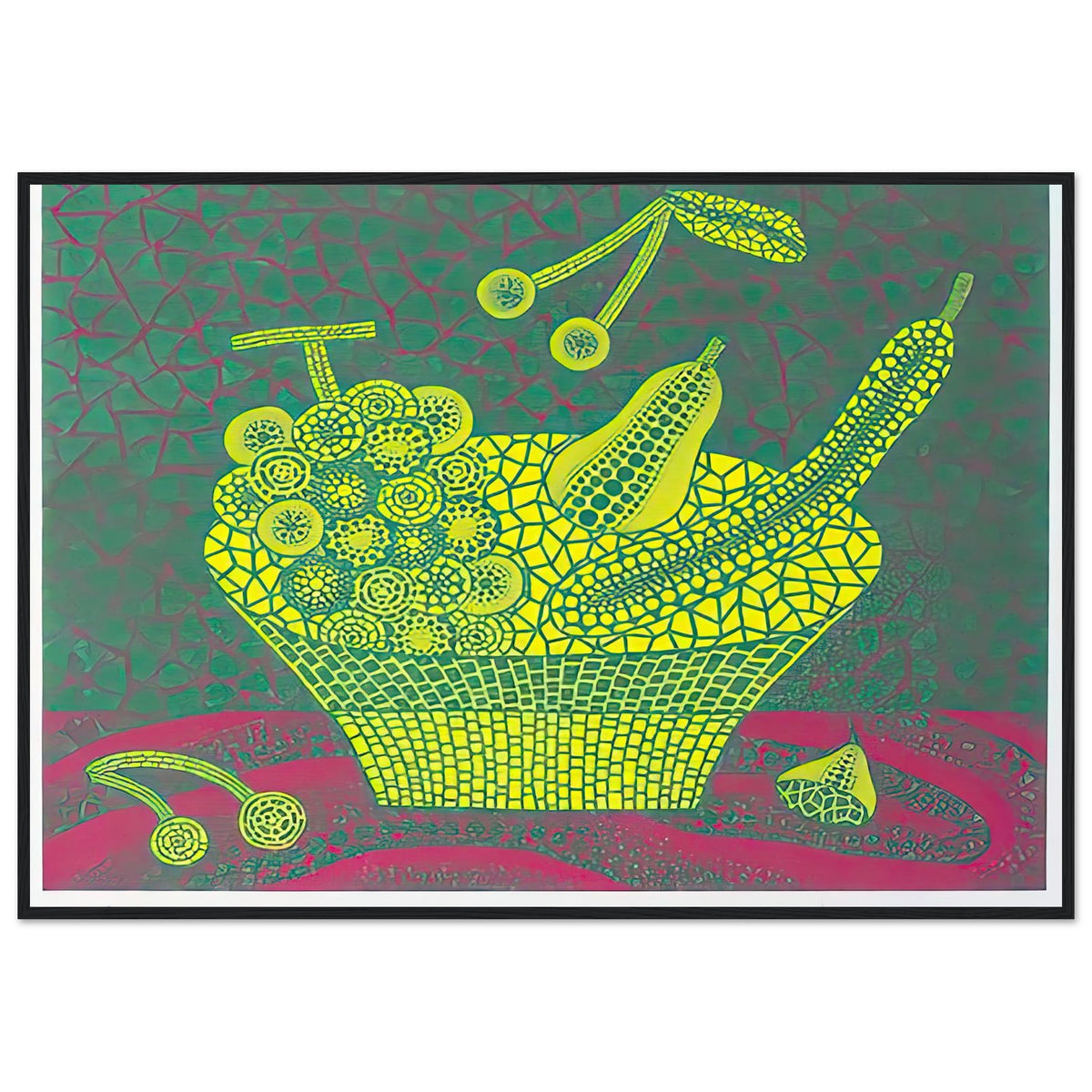 Yayoi Kusama framed print — Fruit Basket (4) by Yayoi Kusama explores one of the artist’s recurring subjects: the abundance of ordinary fruit, black frame, 70x100 cm / 28x40″