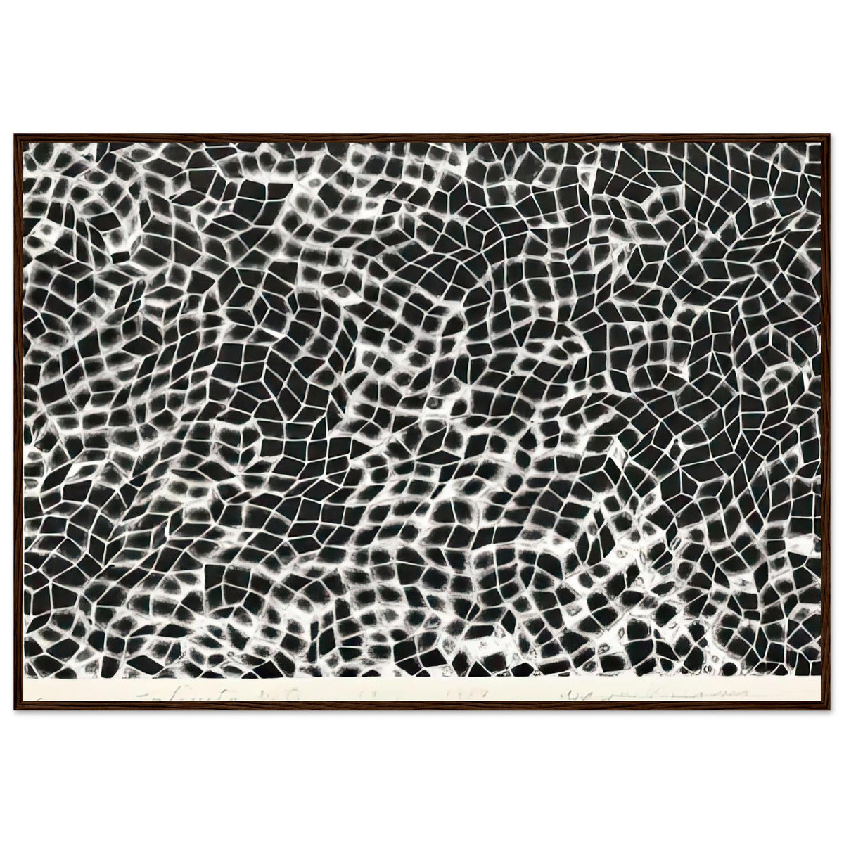 Yayoi Kusama framed print — Infinity Nets (Image 4) explores Kusama’s Infinity Net as a field built from countless repeated marks, dark wood frame, 70x100 cm / 28x40″